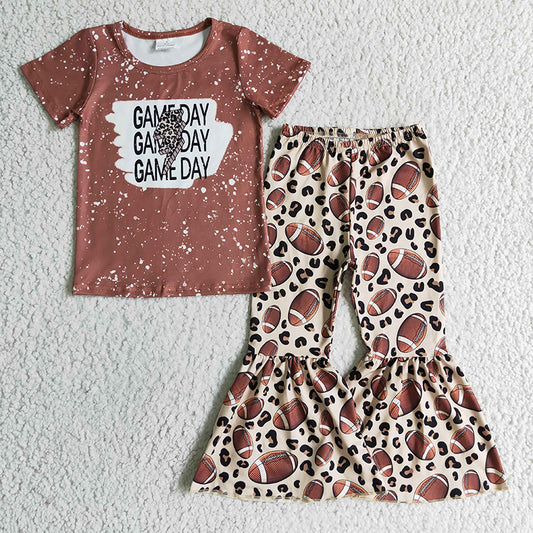 GSPO0216 Baby Girl Game Day Football Leopard Bell Pants Outfit