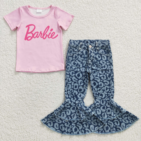 Baby Girl Short Sleeves Letter Pink Doll Shirt Leopard Denim Pants Jeans Outfit