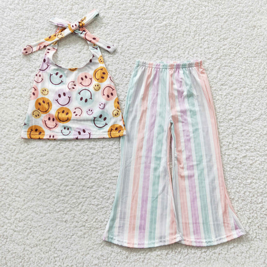 GSPO0580 Baby Girl Floral Halter Top Striped Bell Pants Flower Outfit