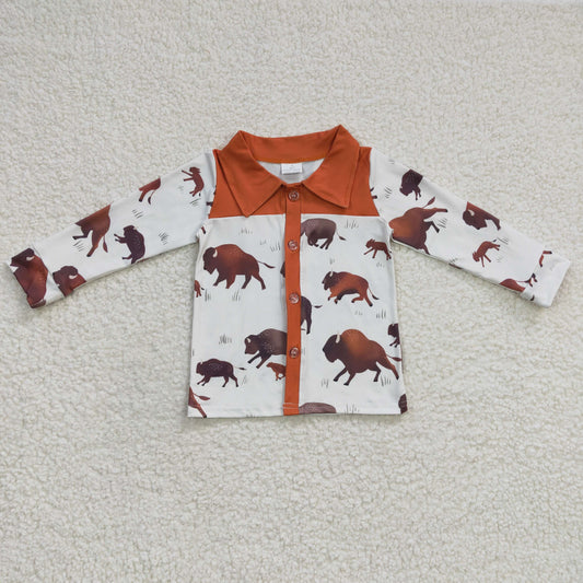 BT0200 Baby Boy Summer Western Cow Long Sleeve Button Up Shirt