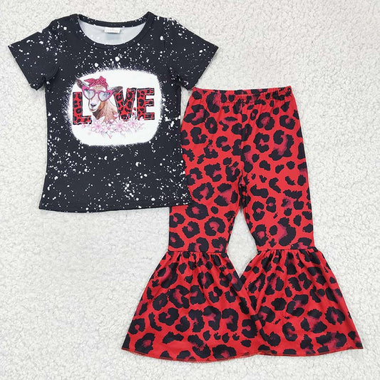 GSPO0288 Baby Girl Western Love Cow Red Leopard Bell Pants Valentine's Set