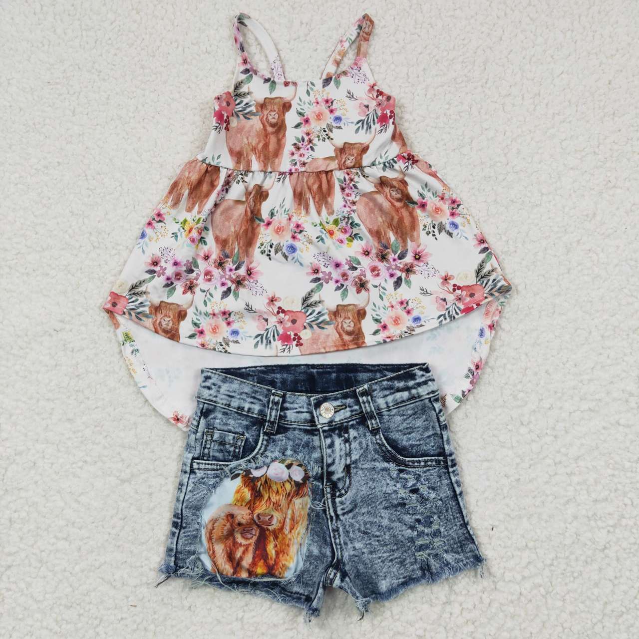 Baby Girl Western Cow Floral Top Denim Shorts Outfit