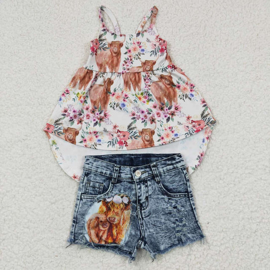 Baby Girl Western Cow Floral Top Denim Shorts Outfit