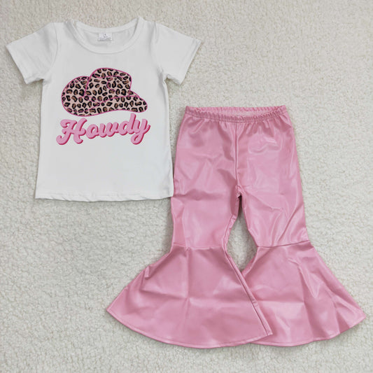 Baby Girl Western Howdy Short Sleeves Leopard Hat Shirt Pink Leather Bell Pants Outfit