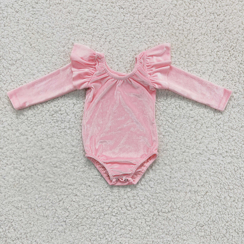 LR0213 Baby Girl Pink Velvet Long Sleeve Leotard Romper