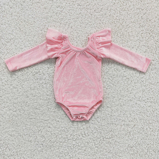 LR0213 Baby Girl Pink Velvet Long Sleeve Leotard Romper