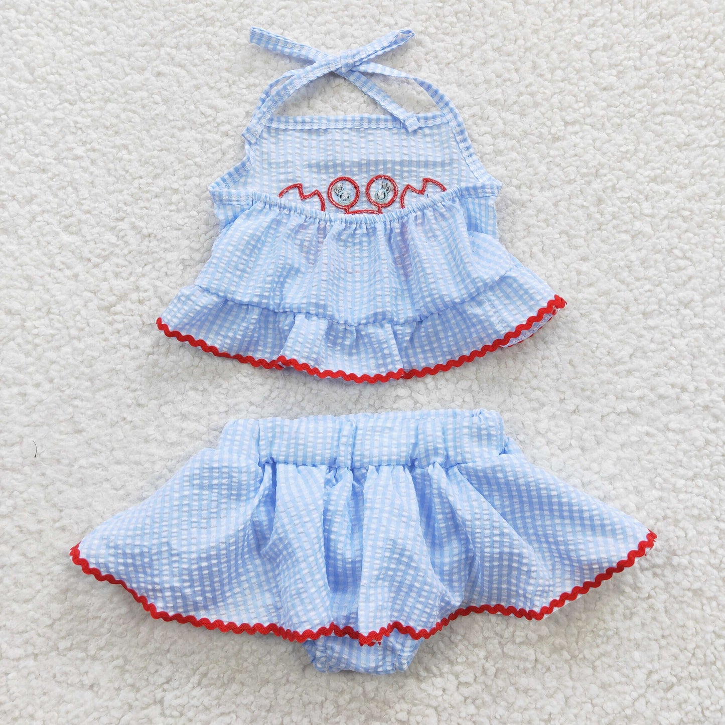S0081 Baby Girl Embroidery Crab Summer Blue Seersucker Skirt Bummie Outfit