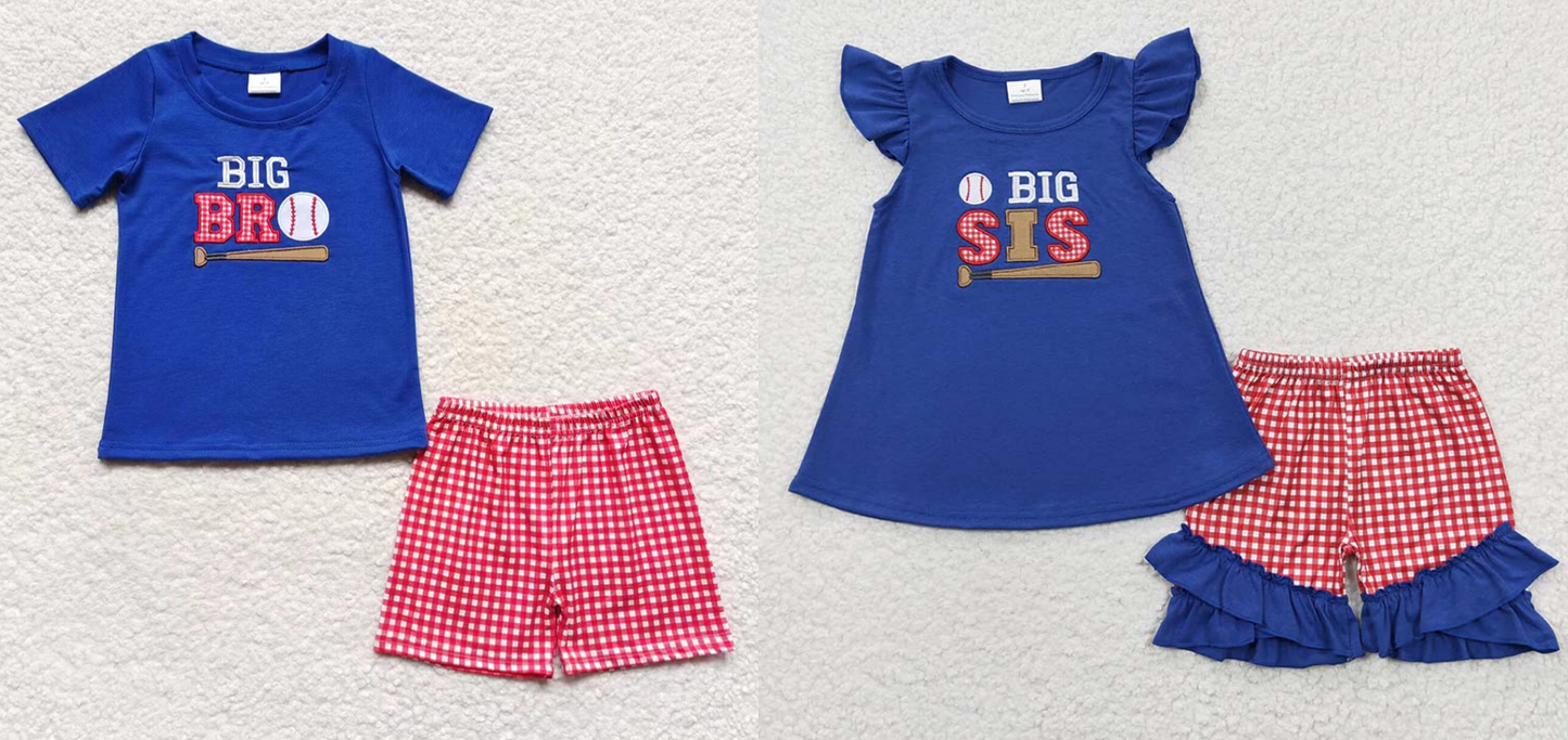 Baby Kids Big Brother Baseball Summer Red Plaid Shorts Matching Boy Girl Outfit