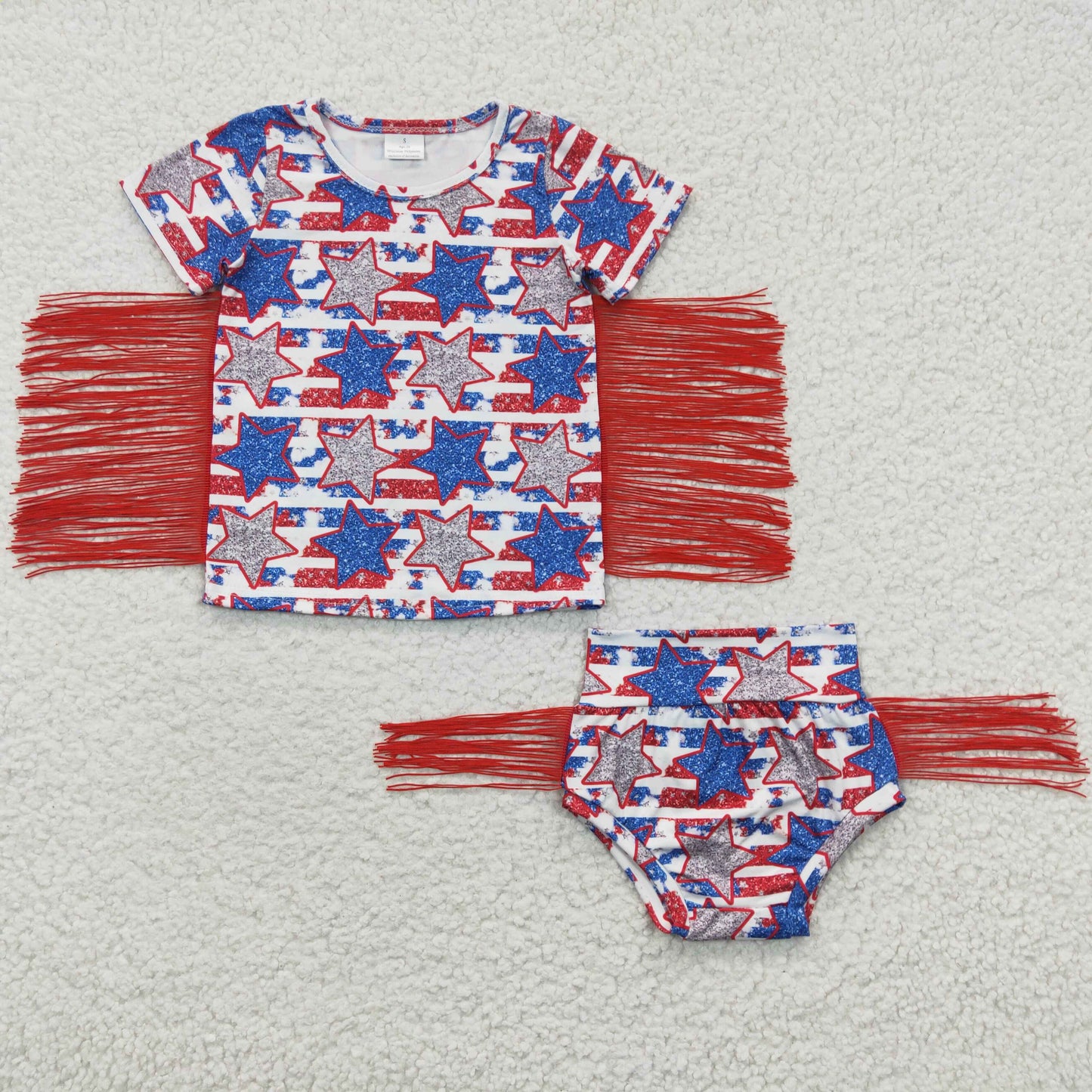 GBO0082 Baby Kids July 4th Tassel Short Sleeves Star Striped Bummie Summer Outfit