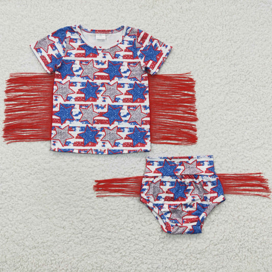 GBO0082 Baby Kids July 4th Tassel Short Sleeves Star Striped Bummie Summer Outfit