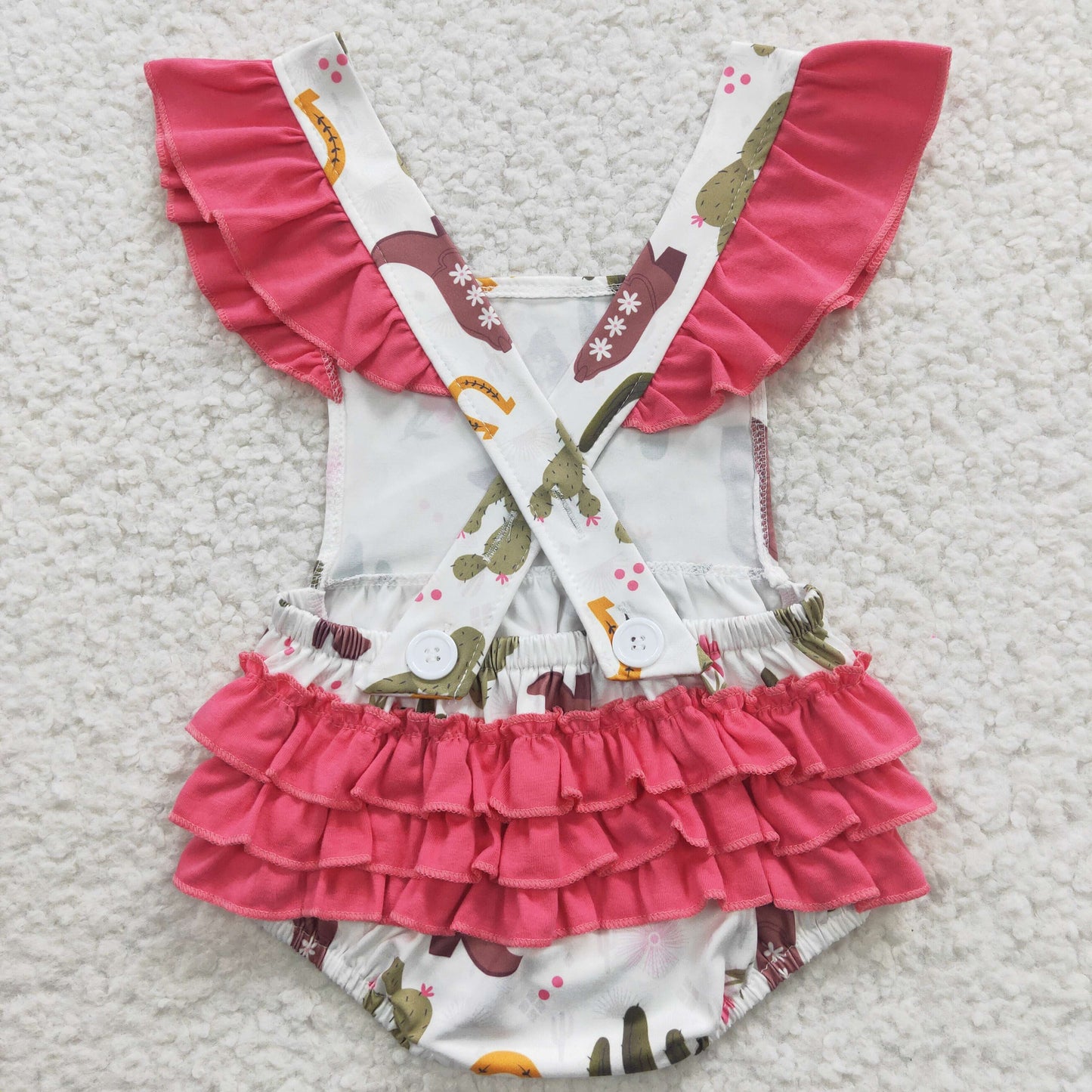 SR0384 Baby Girl Western Cactus Boots Summer Ruffle Bubble Romper