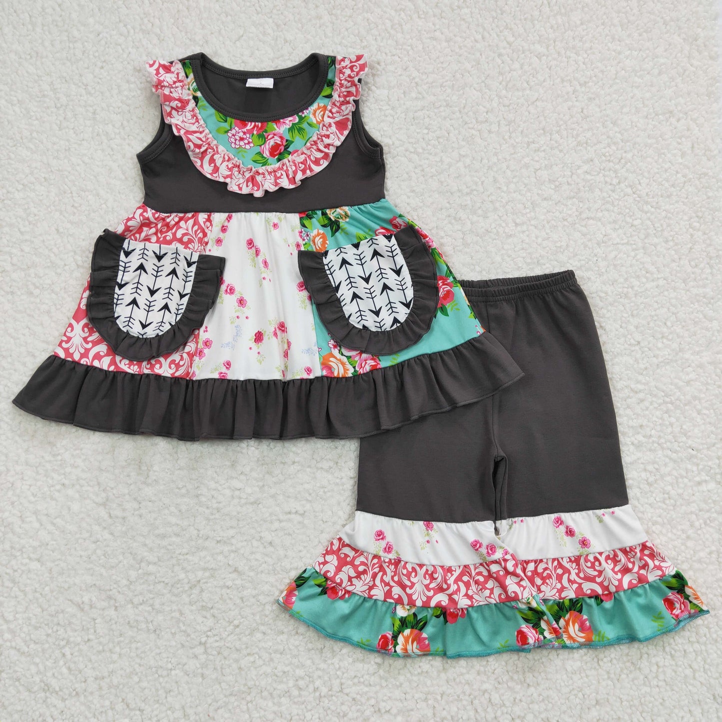 E3-16 Baby Girl Flower Pocket Sleeveless Tunic Bell Capris Outfit