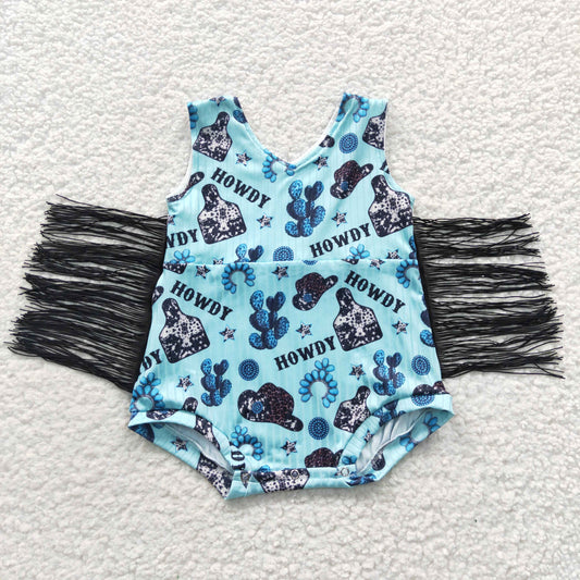 SR0323 Baby Girl Tassel Western Cactus Cow Summer Romper
