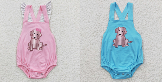 SR0303 Baby Girl Boy Embroidery Dog Short Sleeves Matching Summer Romper