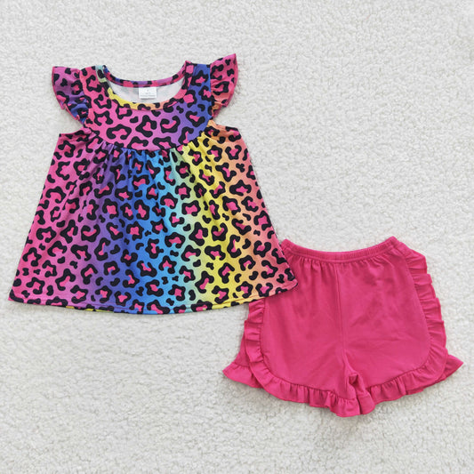 GSSO0299 Baby Girl Summer Colorful Leopard Tunic Cotton Ruffle Shorts Outfit