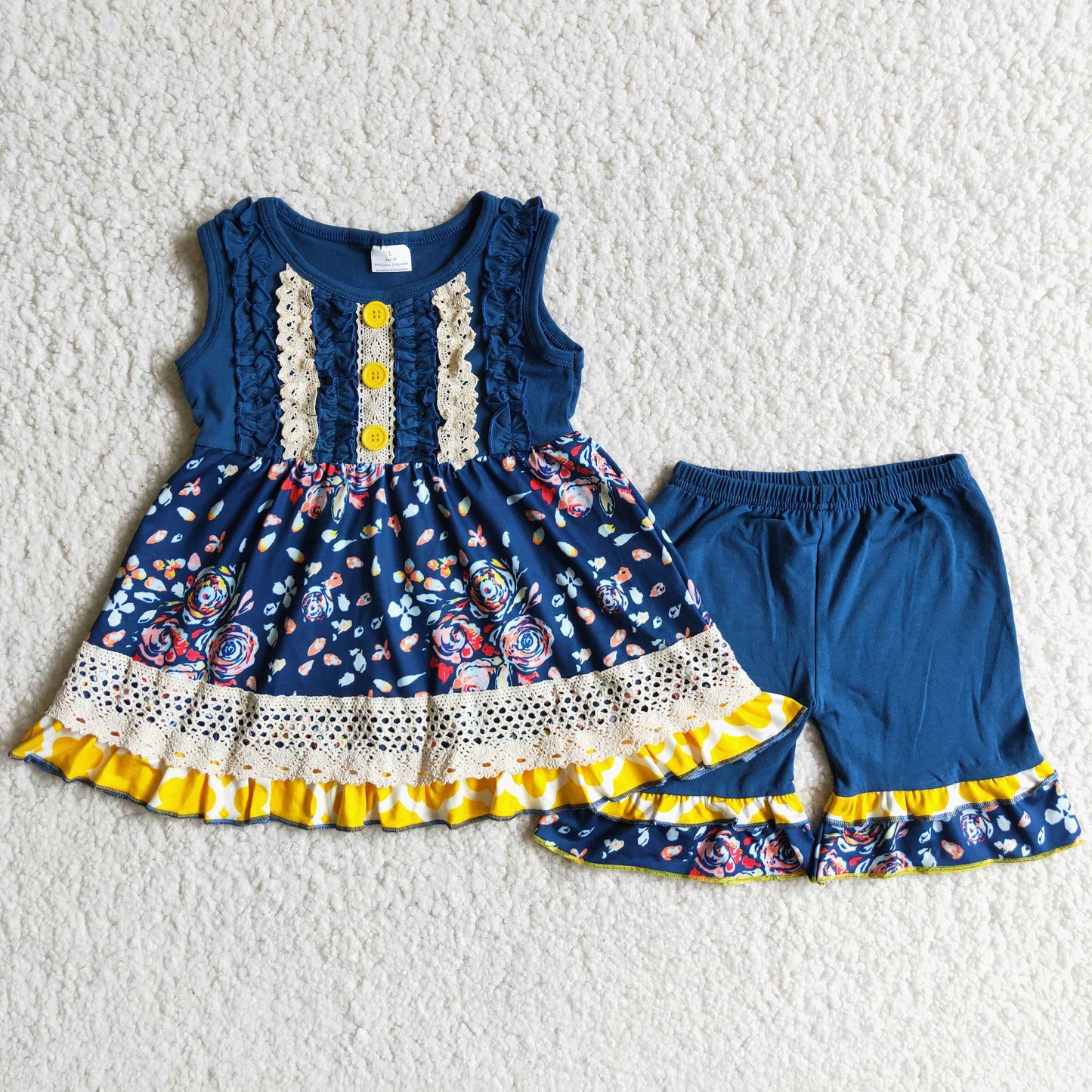 C0-11 Baby  Girl Summer Blue Floral Lace Shorts Outfit