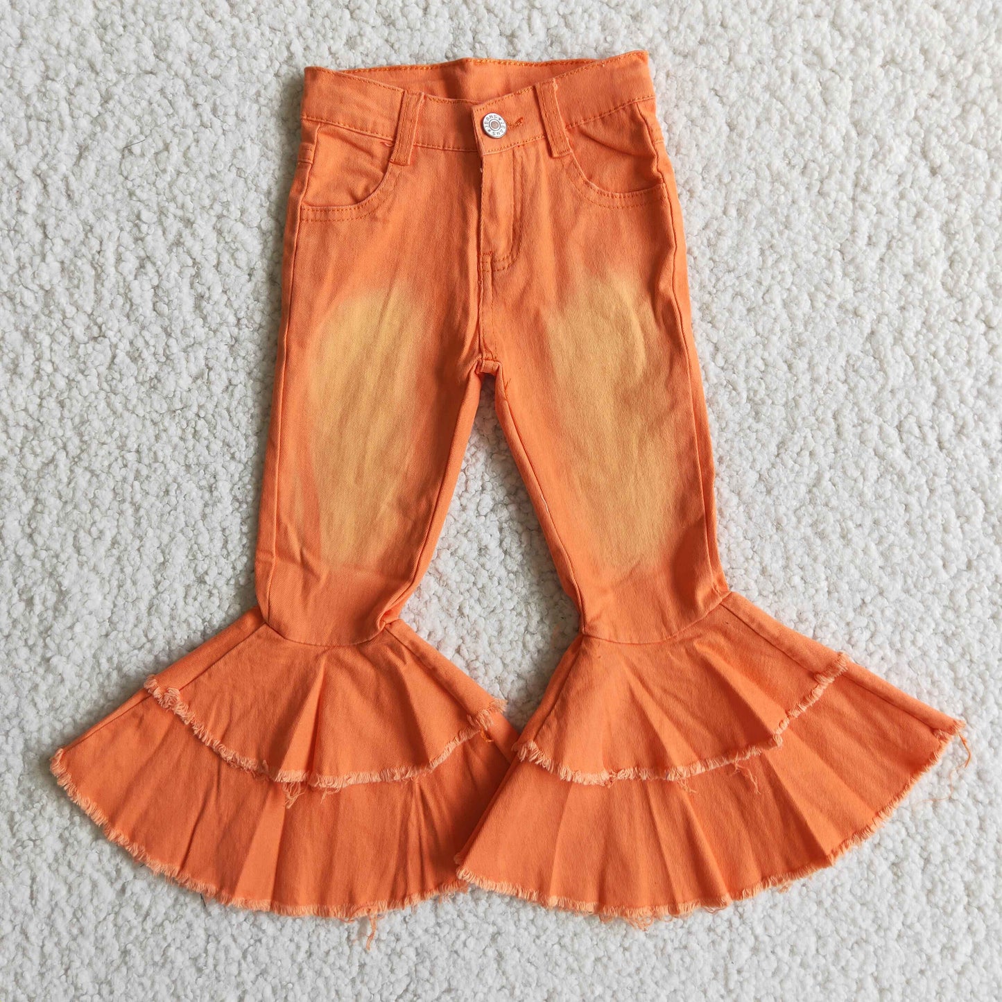 Baby Girls Denim Double Ruffle Bleached Orange Jeans