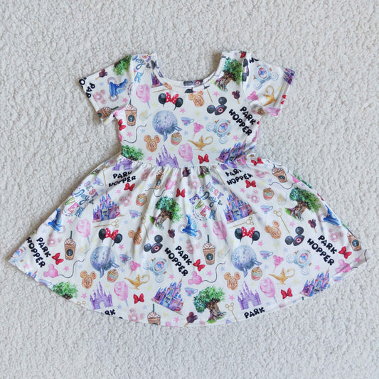 E11-1 Baby Girl Short Sleeves Castle Cartoon Twirl Dress