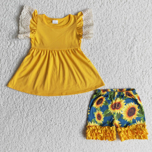 Promotion A10-24 Baby Girl Summer Sunflower Lace Ruffle Shorts Set