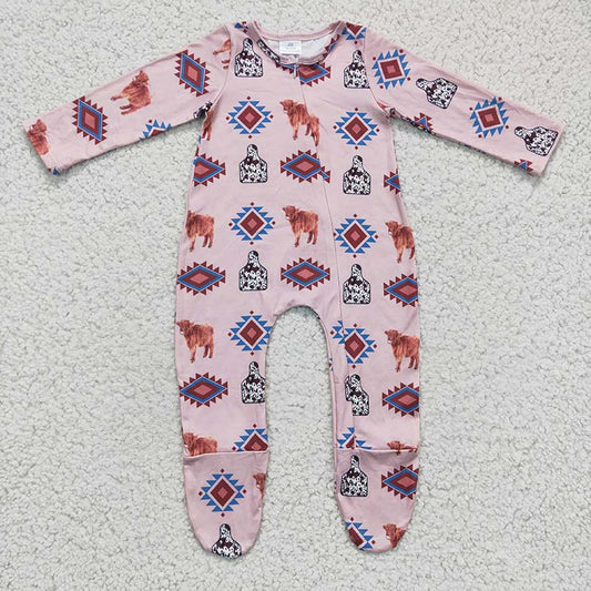 LR0224 Baby Kids Newborn Western Cow Aztec Zipper Romper Footed Coverall