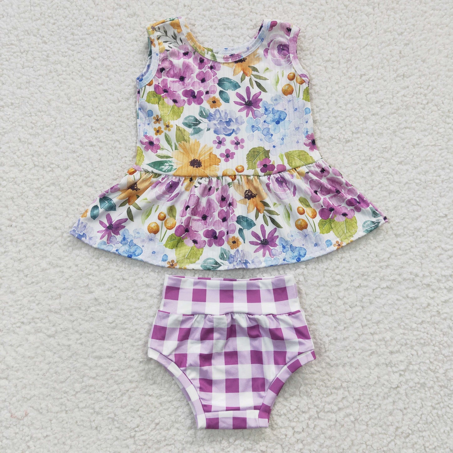 GBO0086 Baby Kids Floral Short Sleeves Purple Plaid Bummie Summer Outfit