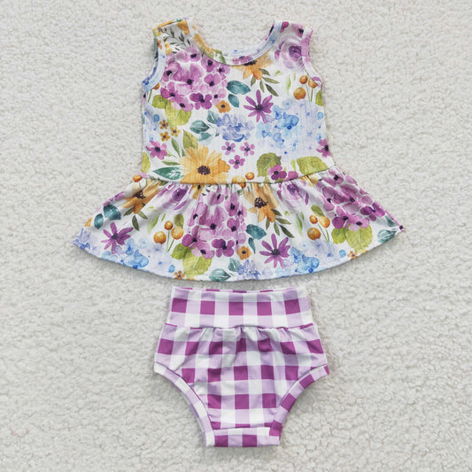 GBO0086 Baby Kids Floral Short Sleeves Purple Plaid Bummie Summer Outfit