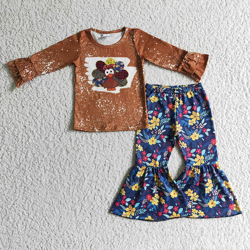 GLP0241 Kids Baby Girl turkey Thanksgiving Flower Bell Pants Fall Outfit