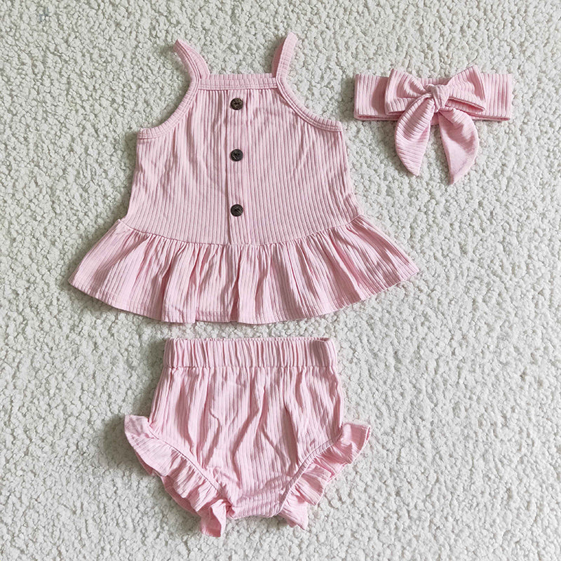 GBO0054 Baby Girl Pink Cotton No Headband Bummies Outfit