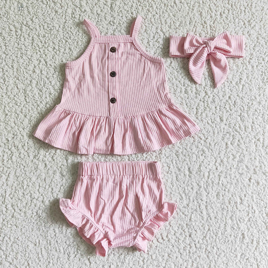 GBO0054 Baby Girl Pink Cotton No Headband Bummies Outfit