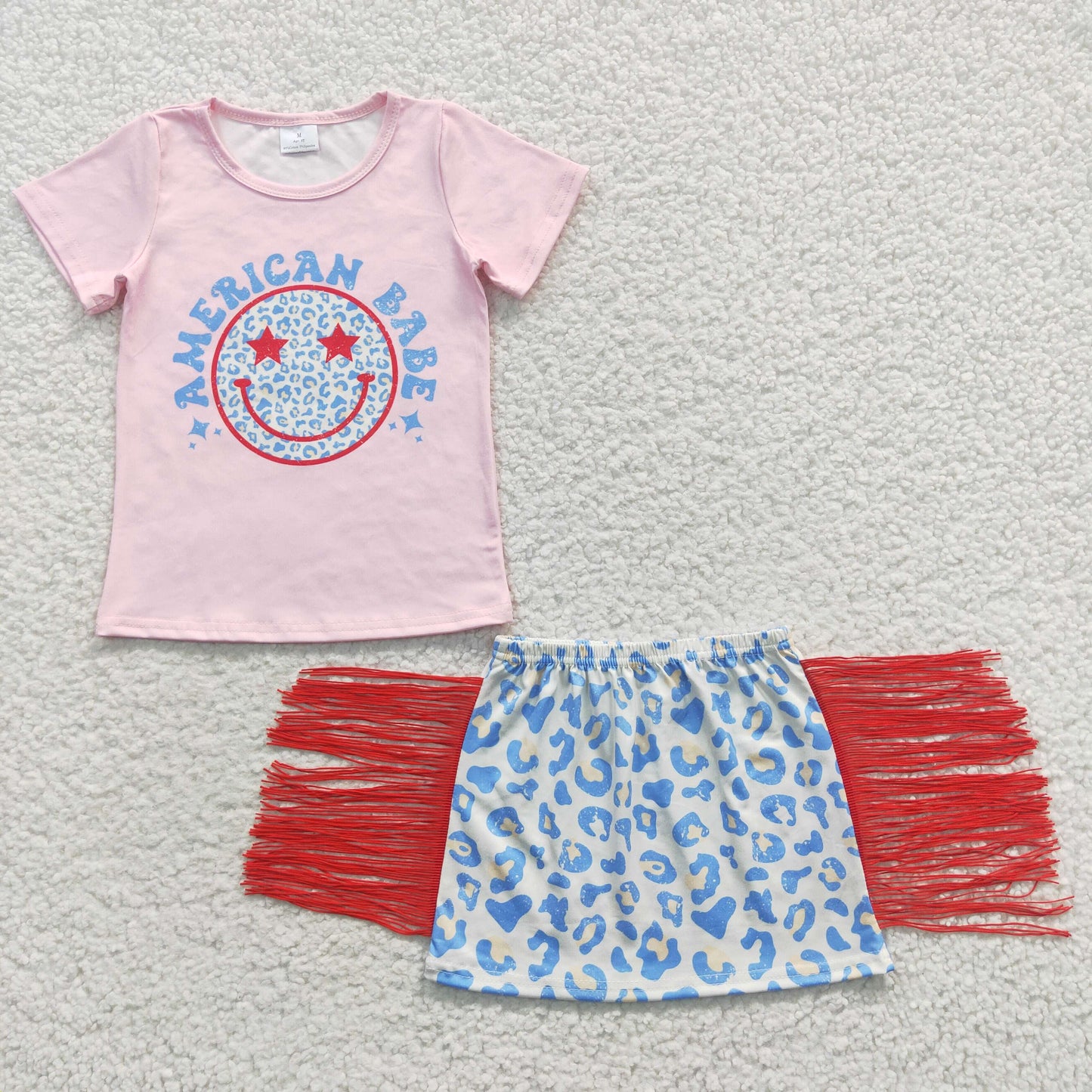 GSD0339 July 4th Baby Girl Summer Short Sleeves Face Shirt Blue Leopard Tassel Skirt Outfit