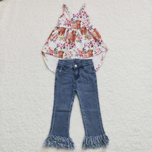 Baby Girl Western Cow Floral Top Denim Pants Jeans Outfit