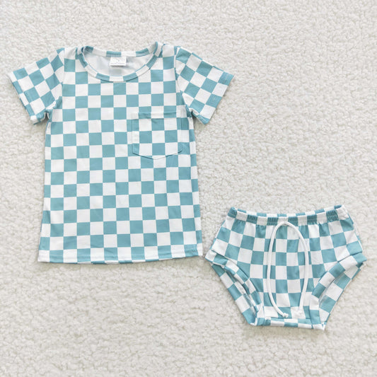GBO0140 Baby Girl Short Sleeves Green Check Pocket Shirt Bummie Summer Outfit