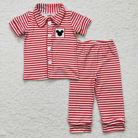 Promotion Baby Boy Embroidery Red Stripe Cartoon Mouse Pajamas Outfit