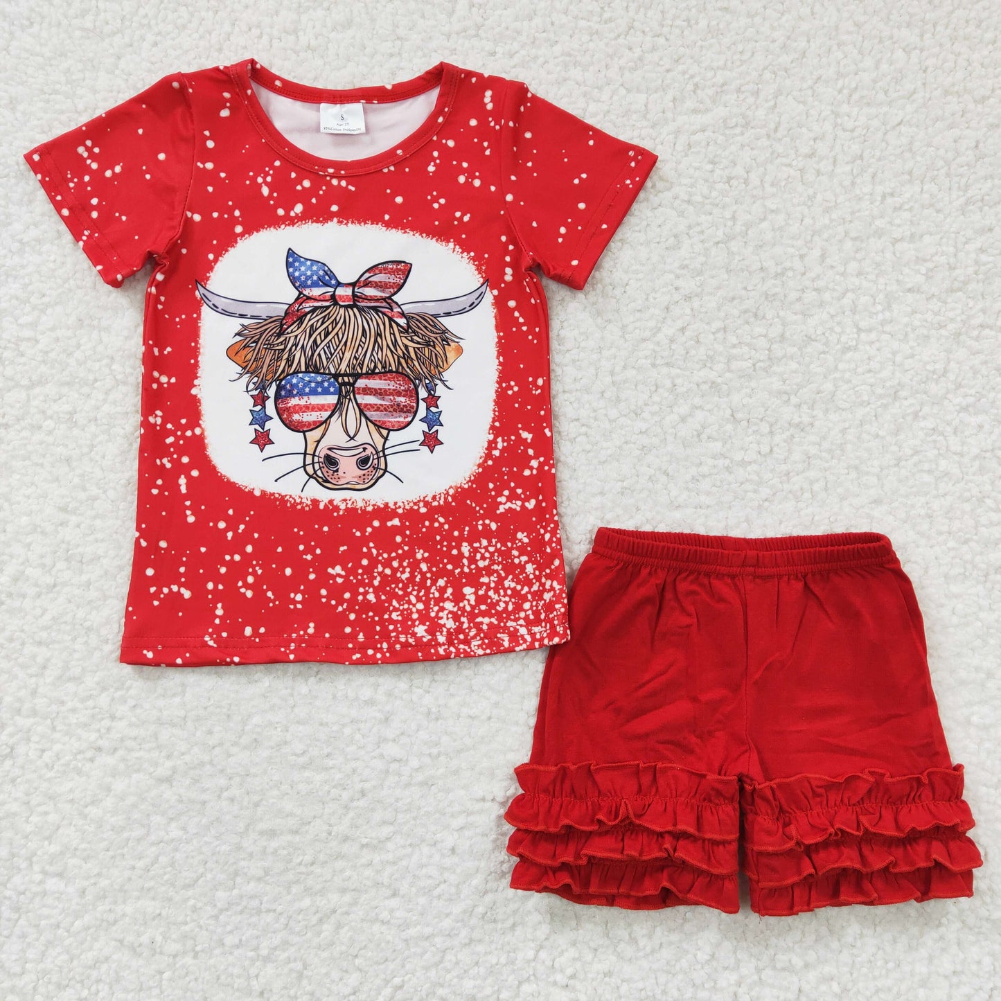 July 4th Baby Girl Western Cow Short Sleeves Shirt Red Cotton Ruffle Shorts Outfit