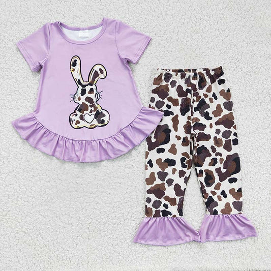 GSPO0238 Easter Baby Girl Purple Short Sleeves Rabit Bunny Cow Print Pants Outfit