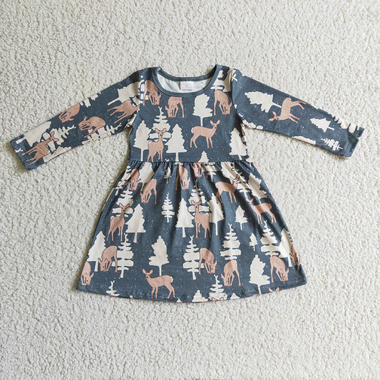GLD0152 Baby Girl Christmas Deer Long Sleeve Dress