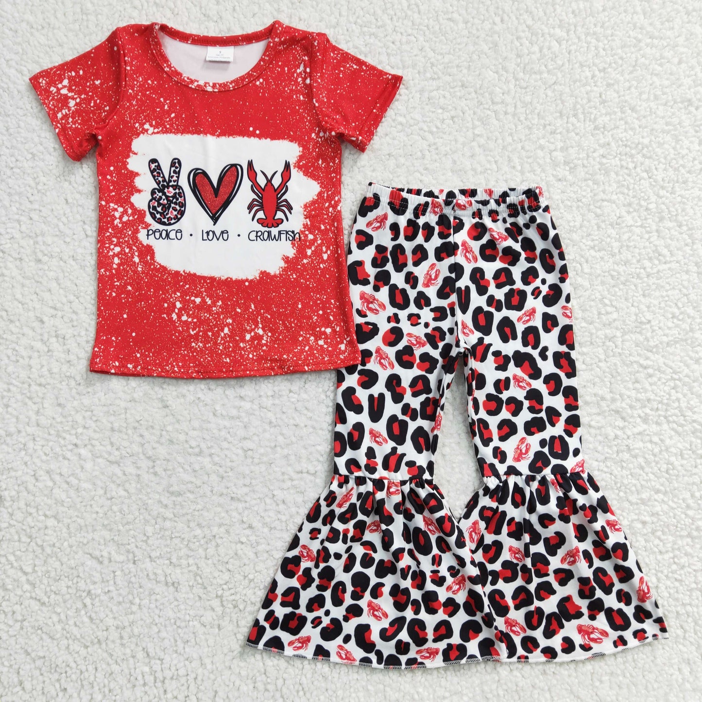 GSPO0432 Baby Girl Crawfish Short Sleeves Shirt Leopard Bell Pants Outfit