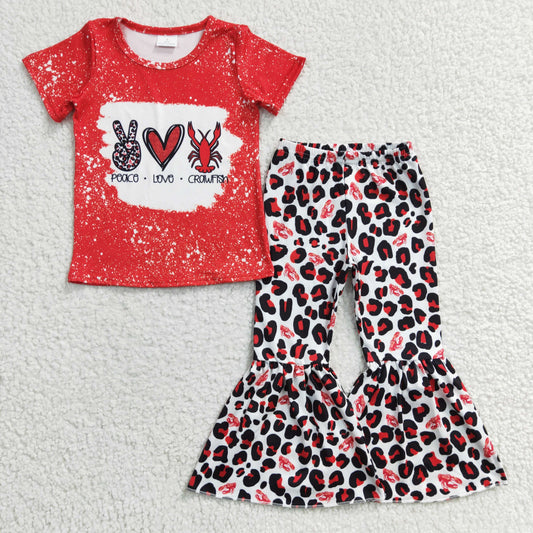 GSPO0432 Baby Girl Crawfish Short Sleeves Shirt Leopard Bell Pants Outfit