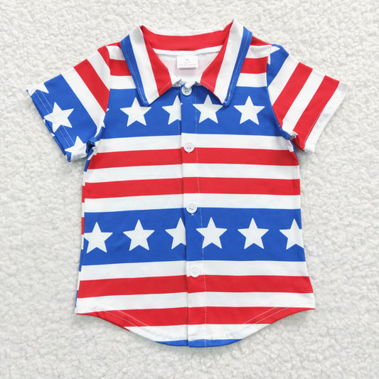 BT0196 Baby Boy July 4th Short Sleeves Summer Button Up Star Striped Shirt