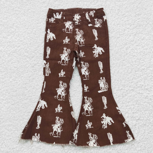 P0076 Baby Girl Western Rodeo Cactus Brown Bell Jeans Denim Pants