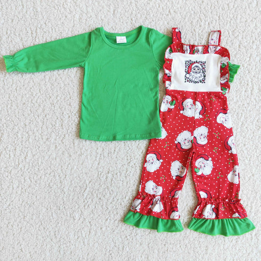 6 C7-4 Baby Girl Christmas Santa Green Cotton Shirt Overall Outfit