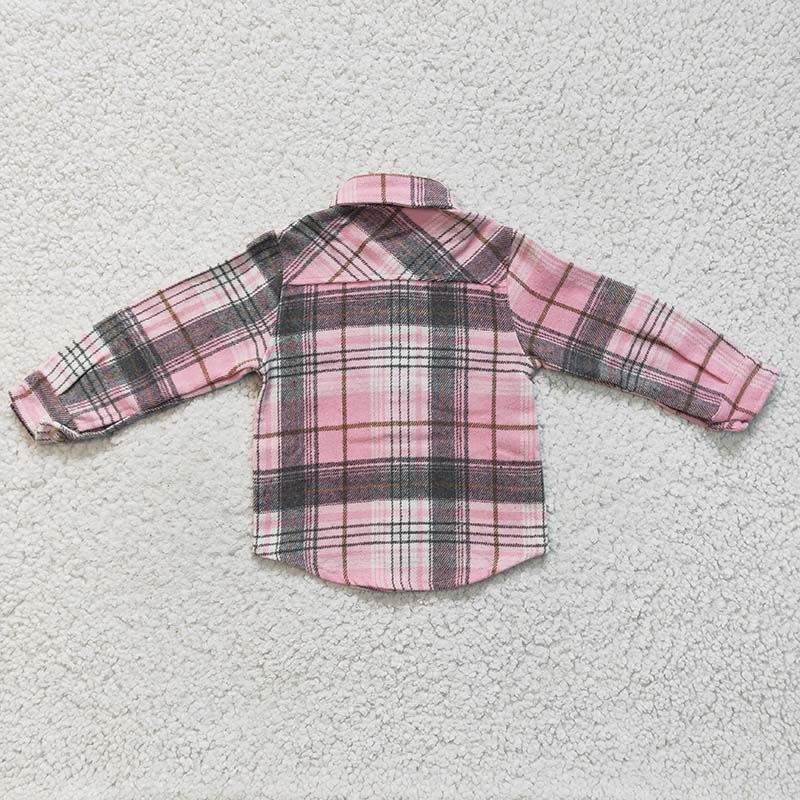 GT0094 Baby Girl Kids Plaid Cotton Pocket Flannel Pink Button Up Shirt