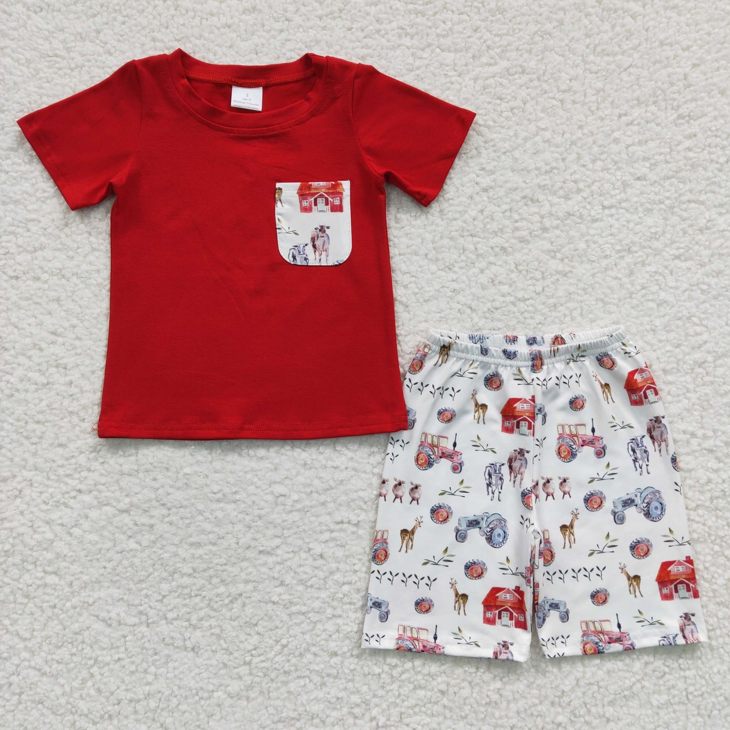 BSSO0120 Summer Baby Boy Farm Short Sleeves Pocket Shirt Cow Tractor Shorts Outfit