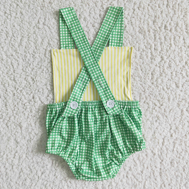 SR0036 Baby Boy Tractor Green Plaid Bubble Romper