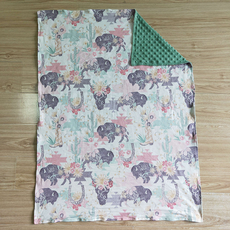 BL0007 Baby Girl Western Cow Green Blanket