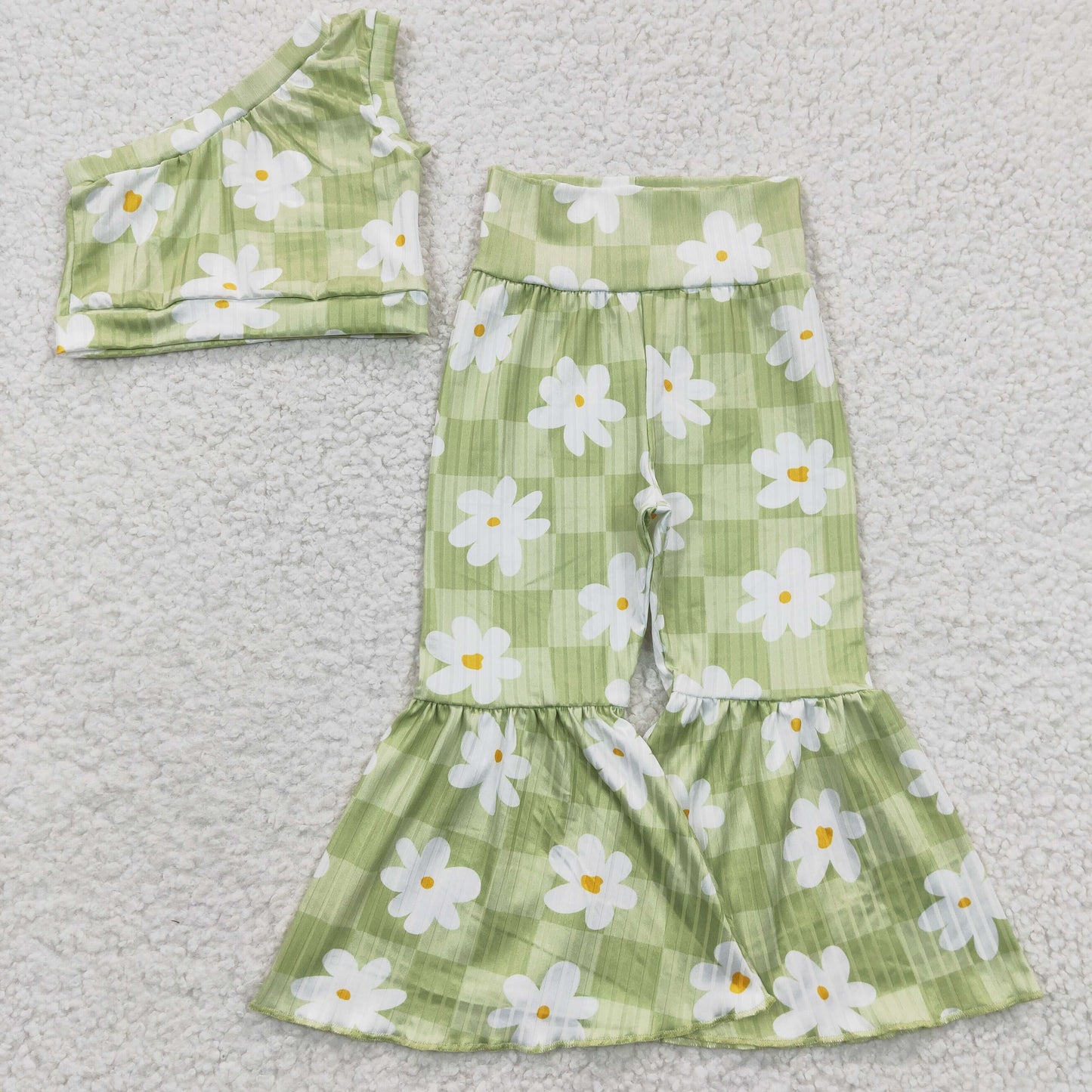 GSPO0524 Baby Girl Floral One Shoulder Top Bell Pant Green Ribbed Outfit