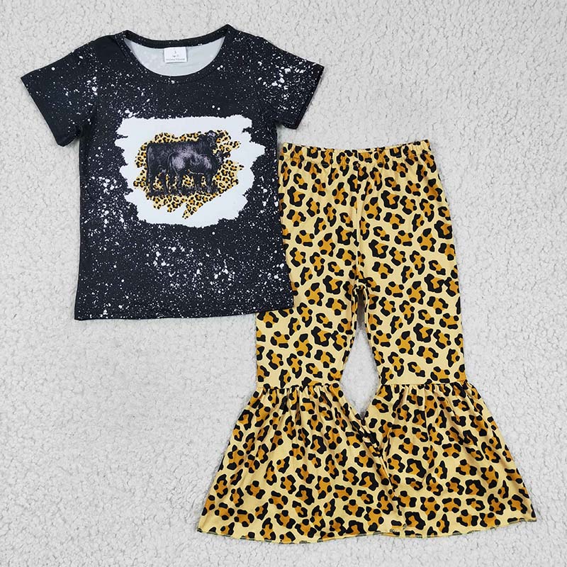 GSPO0352 Baby Girl Western Cow Black shirt Leopard Pants Set