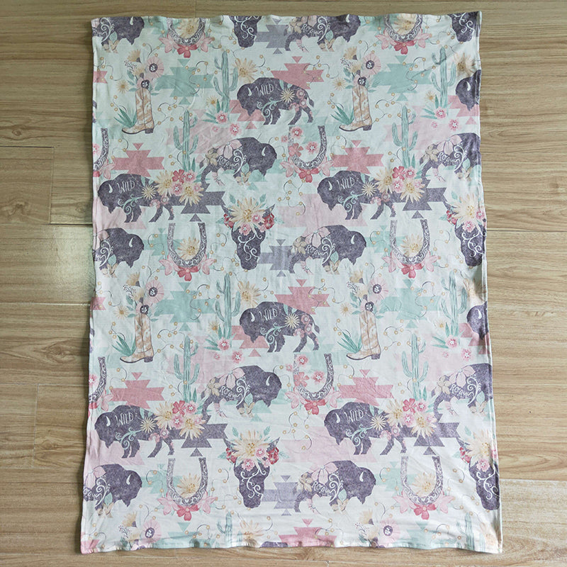 BL0007 Baby Girl Western Cow Green Blanket