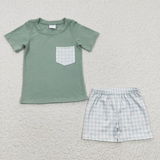 BSSO0236 Baby Boy Short Sleeves Cotton Shirt Plaid Shorts Summer Outfit