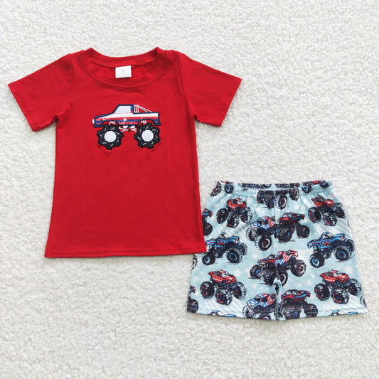 BSSO0185 Baby Boy Short Sleeves Embroidery Truck Shorts Summer Outfit